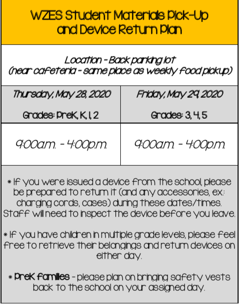 WZES Student Materials Pick-Up and Device Return
